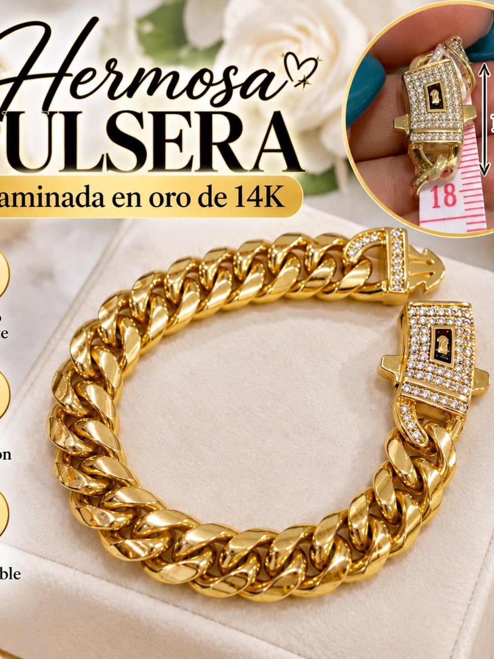 14K Gold-Plated Cuban Link Bracelet with Crystal Clasp - Gold